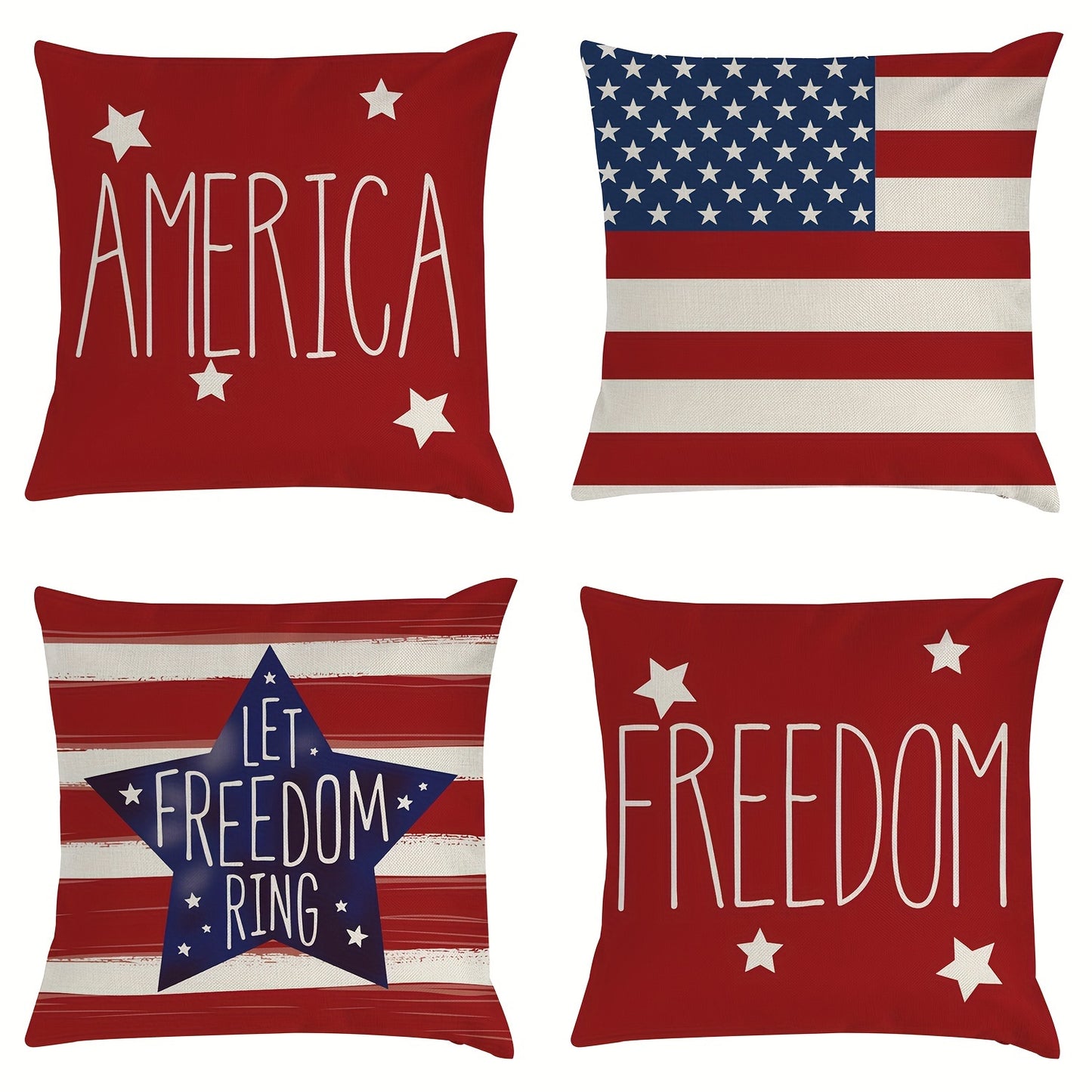 Patriotic Pillowcase Set 4pcs – Stars & Stripes Polyester Pillow Covers, Zipper Closure, Machine Washable, Red White Blue July 4th Independence Day Home Decor