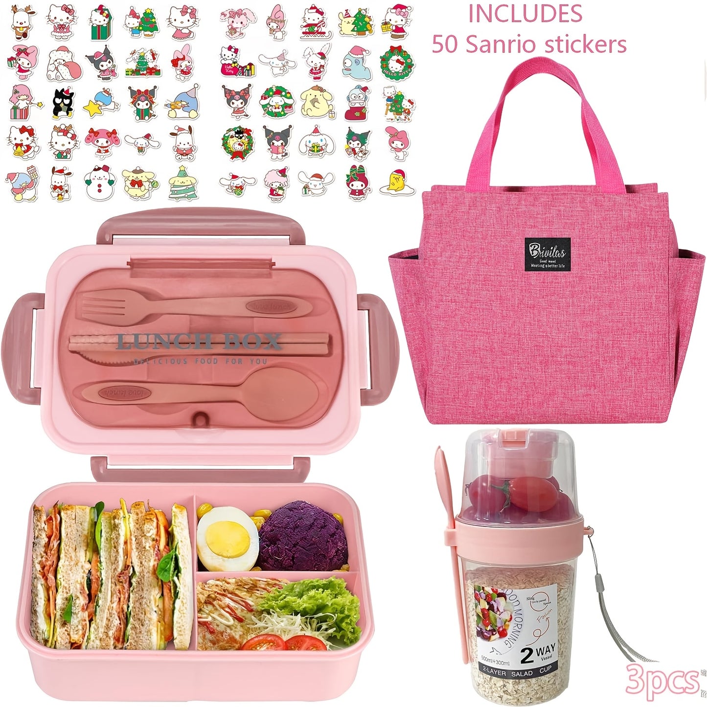51pcs/53pcs Sanrio Lunch Box Set | Thermal Bag, Breakfast Cup, Portable Sealed Compartment Bento Box, 40.58Oz Capacity, Microwave And Dishwasher Safe, Ideal For Work, Picnics, And Back To School