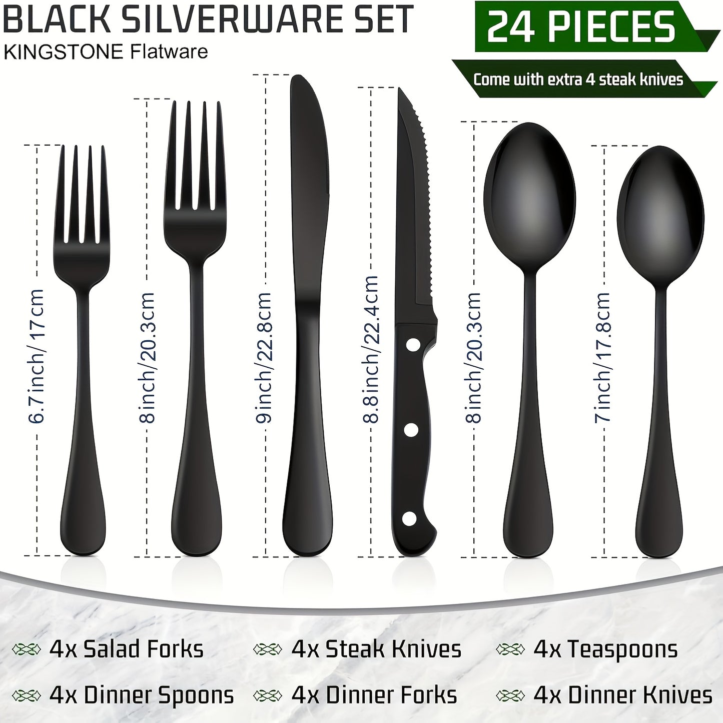 24/48pcs Black Silverware Set With Steak Knives Service For 4/8, Christmas Stainless Steel Flatware Set, Mirror Polished Kitchen Accessories, Home Kitchen Party Eating Tableware Set, Include Fork Knife Spoon Set, Dishwasher Safe (Silver, Black)