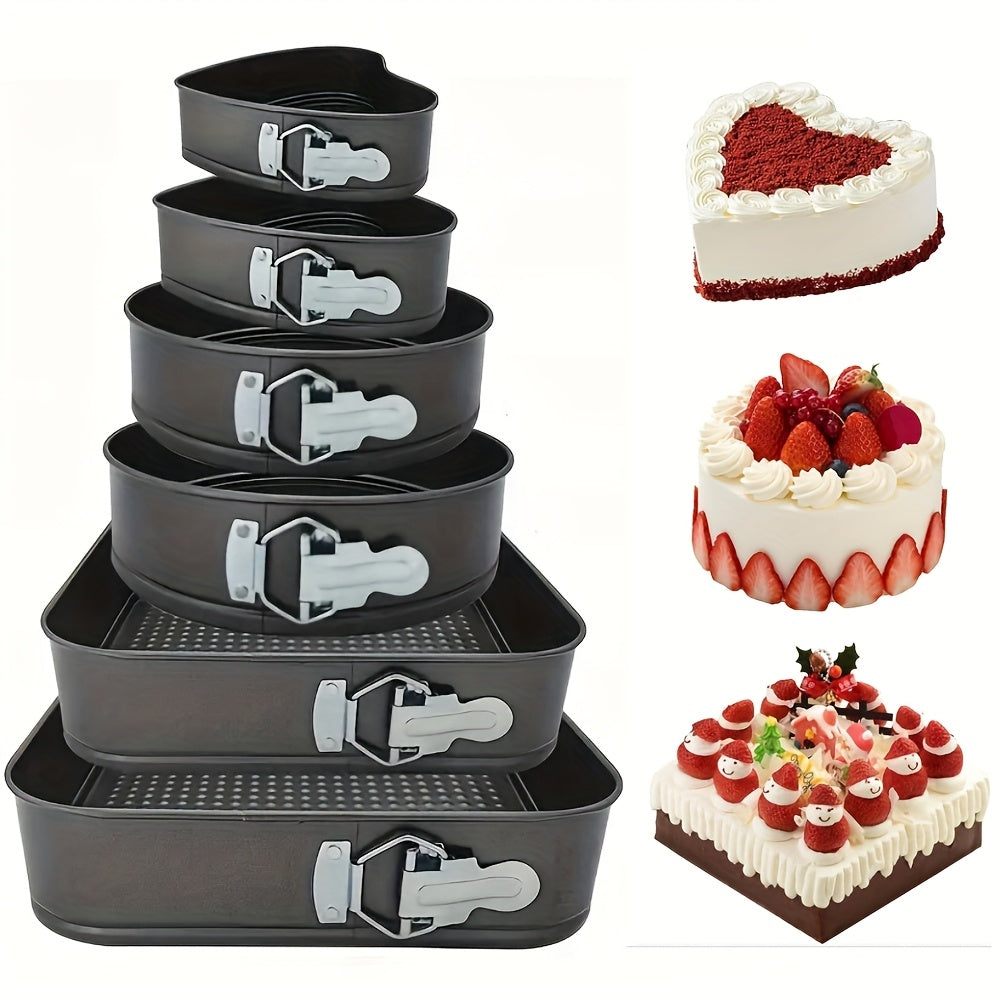 6pcs Springform Cake Pan Set (7, 8, 9, 10, 11Inch) Heart Round Square Leakproof Nonstick Cheesecake Pans with Removable Bottom Carbon Steel Bakeware- for Baking Mousse Honeycomb Cakes - Suitable for Baking Enthusiasts - Perfect Gift for Bakers