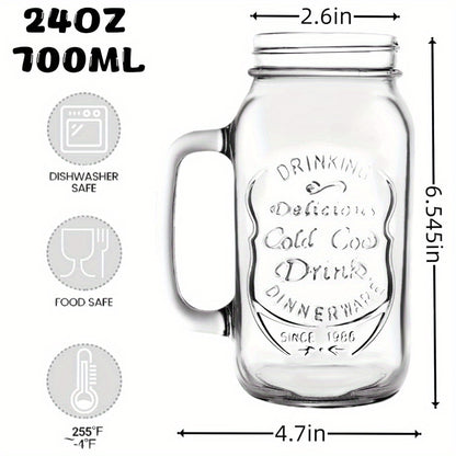 24OZ Mason Jar Drinking Glasses for Party Beverage Materials And Jars with Comfortable Handle Easy to Clean in The Dishwasher 4Pack