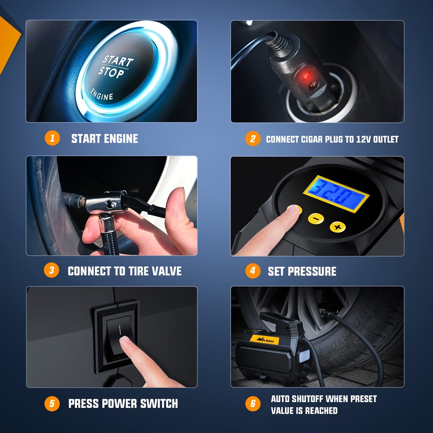 for 12V DC Car Tires with Digital Pressure Gauge 150PSI Auto Tire Pump with LED Light Tire Inflator Air Compressor Portable Air Pump for Cars ATVs Bicycles