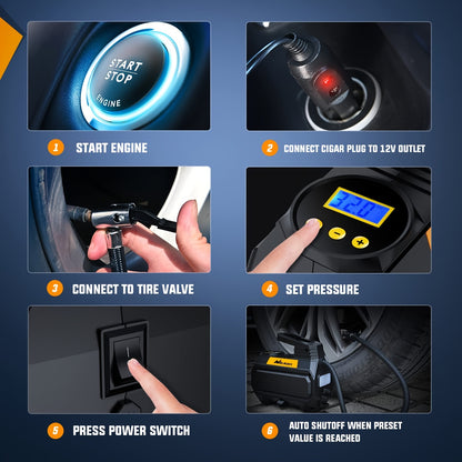 for 12V DC Car Tires with Digital Pressure Gauge 150PSI Auto Tire Pump with LED Light Tire Inflator Air Compressor Portable Air Pump for Cars ATVs Bicycles