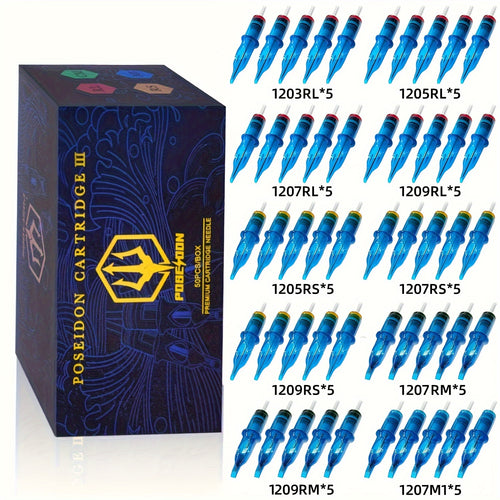 POSEIDON V3 Tattoo Cartridge Needles 50pcs Mixed Size Steriled Needles with Membrane Safety Cartridges-1203RL, 1205RL, 1207RL, 1209RL, 1207RM, 1209RM, 1205RS, 1207RS, 1209RS, 1207M1