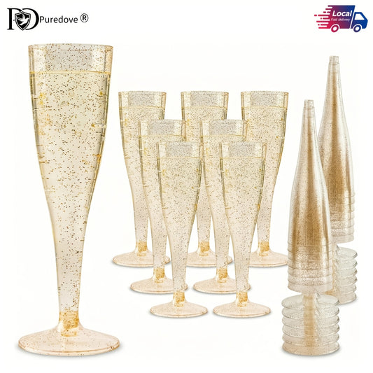 PUREDOVE 25/50pcs Transparent Golden Glitter Reusable Champagne Flutes - Stackable, Food-Grade PS Party Cups for Wedding, Birthday, Picnic & Events, Stylish & Easy to Store