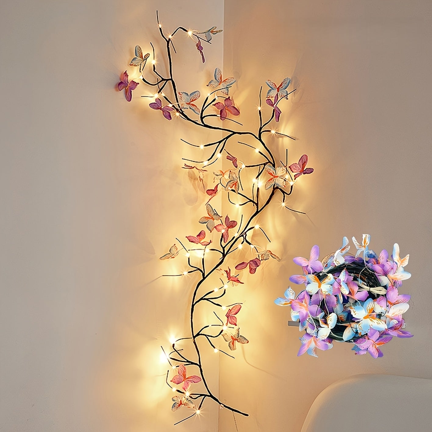 1pc, Vine Home Decor Lights Butterfly Branch String Lights with 30 LEDs, 8 Lighting Modes, Warm White Light, Artificial Purple-Blue Butterflies, USB Powered, Suitable for Weddings, Birthdays, Parties, Festivals, Home Decor