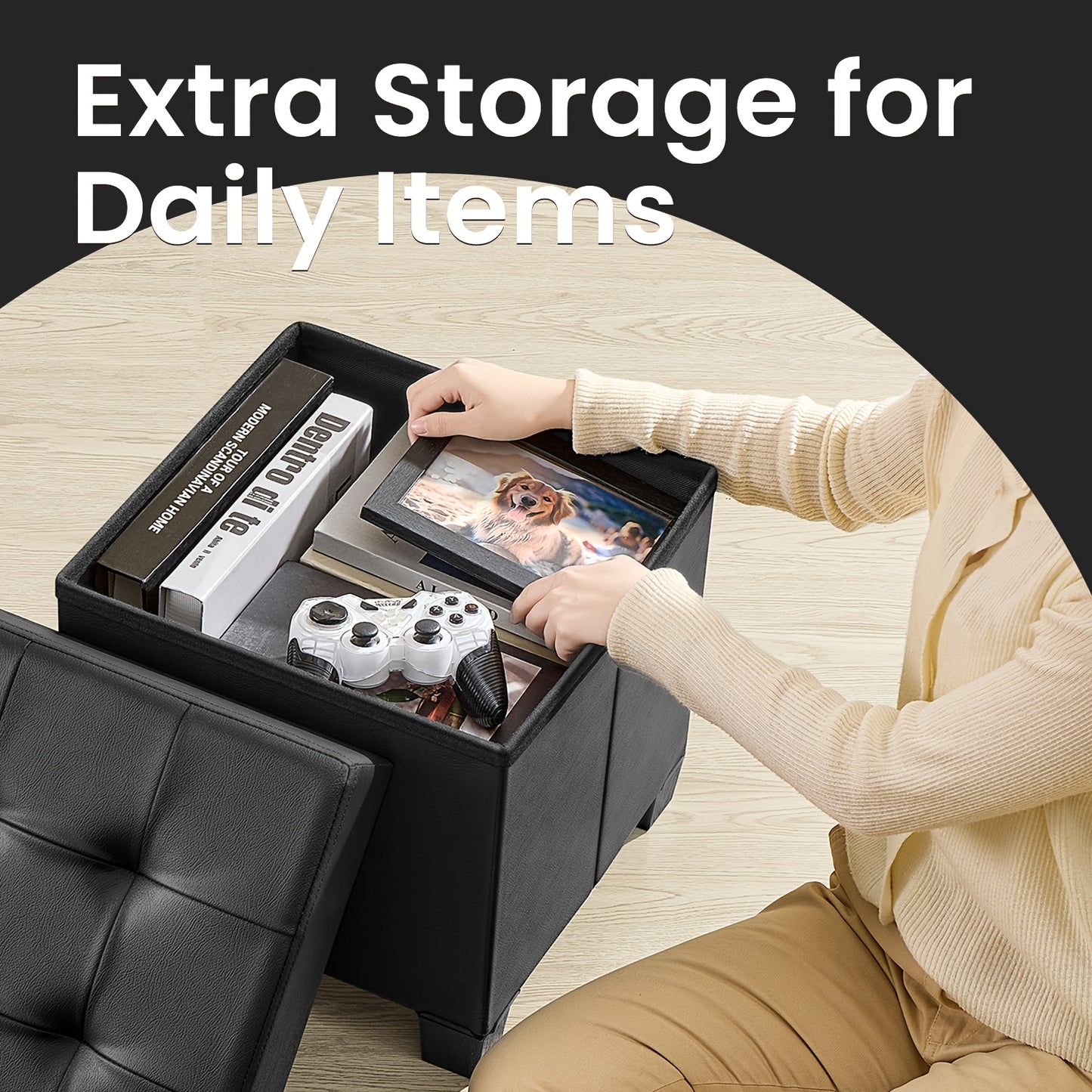 Storage Ottoman, Cube Ottoman with Legs, Footstool, Footrest, 10 Gal. (37L), Synthetic Leather, for Bedroom, Living Room, Dorm