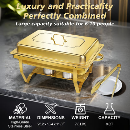1 & 4 Pack Chafing Dishes for Buffet, 8QT Golden Chafing Dish Buffet Set Full Size, High Grade Stainless Steel Chafers And Buffet Warmers Sets with All-Golden Serving Tongs, Food Warmers for Parties(Only for Cooking), Only for Cooking