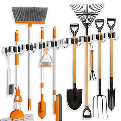 This Is a 2/4 Pack of Versatile Wall-Mounted Mop Holders Made from 304 Stainless Steel, Featuring Five Storage Slots And Four Hooks. It'S Suitable for Use in Bathrooms, Garages, And More. It Can Hold Mops, Kitchen Utensils, And Towels