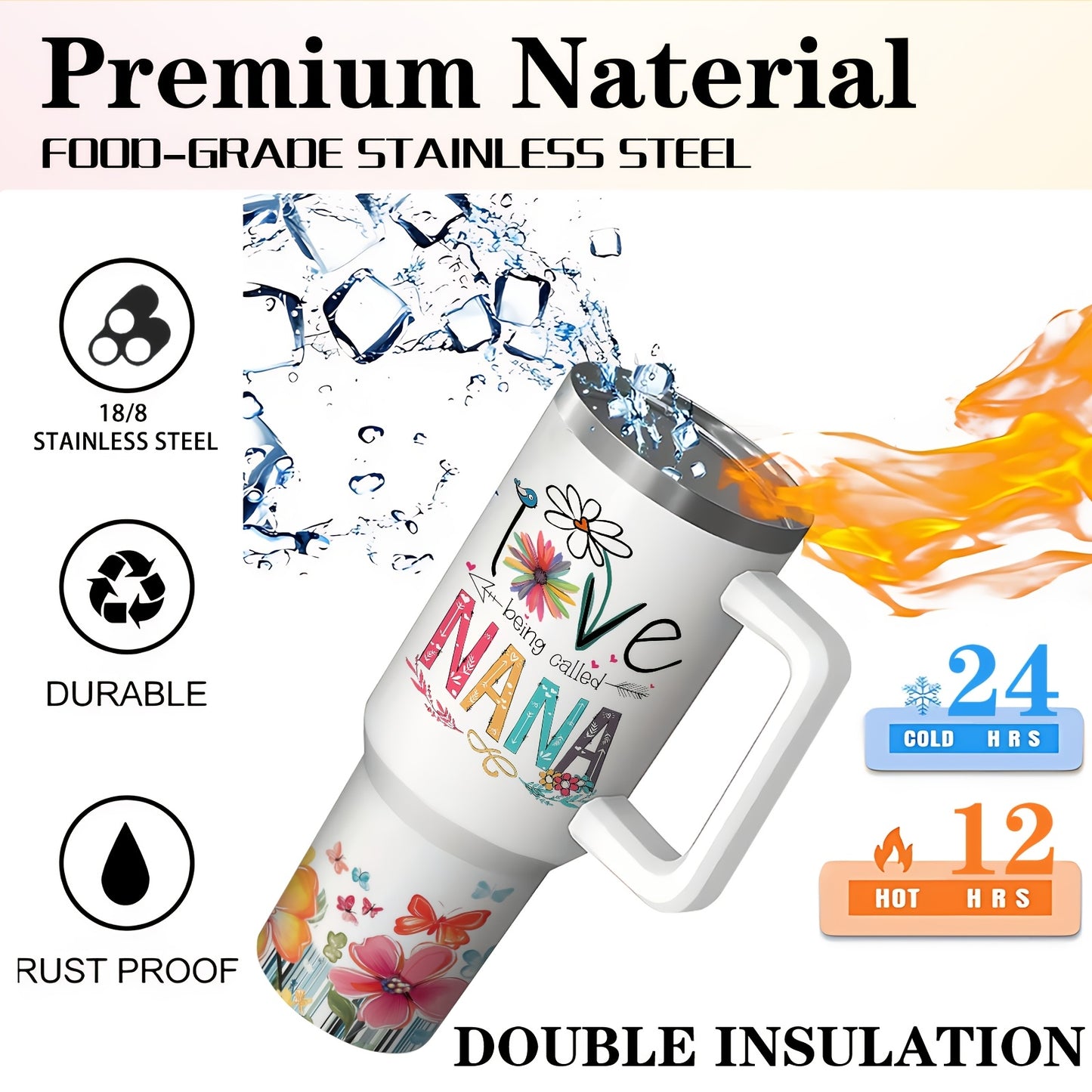 1pc 16/40oz Tumbler With Lid And Straw, NaNa, Stainless Steel Insulated Water Bottle With Handle, Keeps Cold For 24 Hours Or Hot For 12 Hours, Portable Drinking Cups, For Car, Home, Office, Travel Accessories