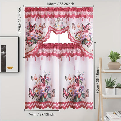 3pcs/set Of Kitchen Curtains for Windows, Polyester Fabric, Printing Process, Beautiful Butterfly Flowers And Butterfly Patterns, Suitable for Kitchen And Restaurant Window Shading, Bathroom, Living Room, Bedroom, Wedding And Party Decoration.