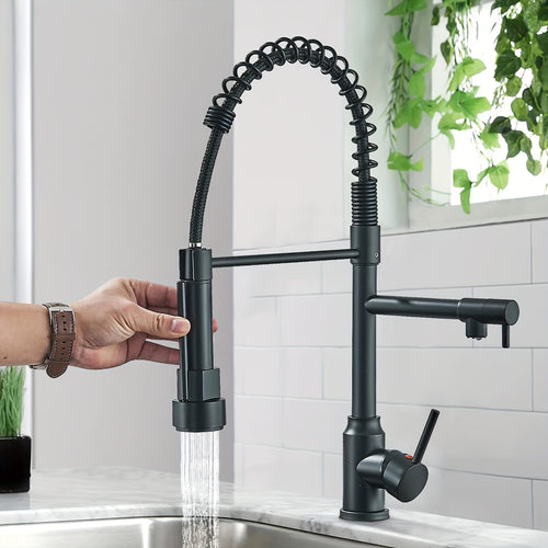 Kitchen Faucet with Pull Down Sprayer Single Handle Single Hole High Arc Spring Commercial Sink Faucet – 360° Swivel Splash-Proof Nozzle, Matte Black Chrome Brushed Nickel, Modern Monobloc Mixer Tap