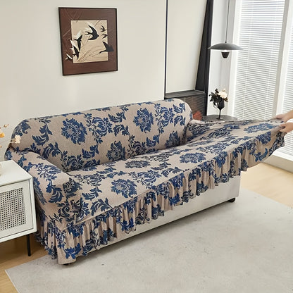 1pc Blue Four Seasons Versatile Fiber Sofa Covers. Exquisite Printed Skirt Design, High Elasticity Material, Fits Snugly Onto The Sofa, Paired with Anti-Slip Fixing Rods to Stabilize And Prevent Movement, Keeping The Sofa Neat And Beautiful