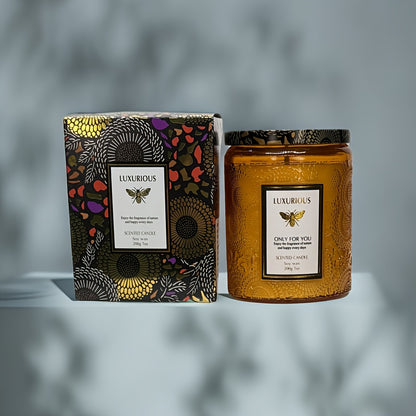 Scented Candle in Relief Glass Cup – Aromatherapy Home Fragrance with Crystal Embellishment, Single Wick, Multiple Scents – Jasmine, Tuberose, Amber, Sage & More