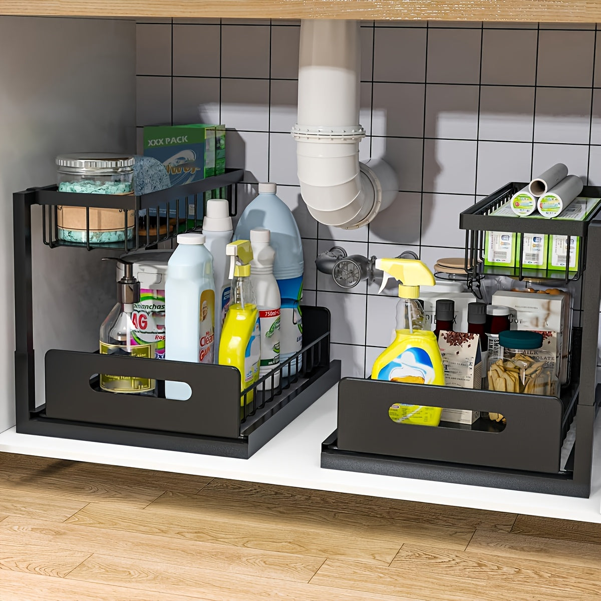 Two-Level Organizers for Under The Sink, Featuring a Sliding Pull-Out Shelf Made of Metal, Ideal for Organizing Kitchen, Bathroom, Pantry, Or Closet Spaces (Available in 1-Pack Or 2-Pack), Under Sink Bathroom Cabinet, Under Sink Cabinet Bathroom, Under Si