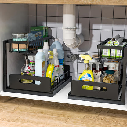 Two-Level Organizers for Under The Sink, Featuring a Sliding Pull-Out Shelf Made of Metal, Ideal for Organizing Kitchen, Bathroom, Pantry, Or Closet Spaces (Available in 1-Pack Or 2-Pack), Under Sink Bathroom Cabinet, Under Sink Cabinet Bathroom, Under Si