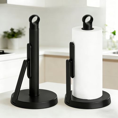 Heavy-Duty Stainless Steel Paper Towel Holder with Tension Arm-Easy One-Handed Tear, Modern Standing Countertop Dispenser for Kitchen, Holds All Paper Towel Rolls