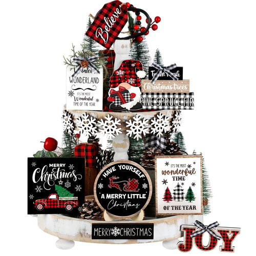 15/20pcs Winter Tiered Tray Decororation Set, Red And Black Buffalo Checkered, Snowflakes, Trees, Dwarfs, Trucks - Spring Wooden Signs - Farmhouse Christmas Decoration Home, Winter Table Display, Holiday Home Valentine's Day Easter Decoration, Non