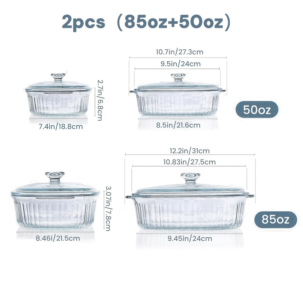 Elegant Glass Casseroles with Lids Set, Ribbed Oval Roaster, Transparent Covered Cookware, Versatile Deep Glass Food Containers, 50oz & 85oz, for Baking, Cooking, Oven & Microwave Safe, with Ideal for Desserts, Chicken, Pasta, for Holidays