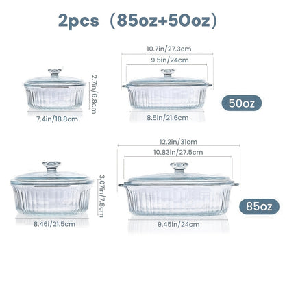 Elegant Glass Casseroles with Lids Set, Ribbed Oval Roaster, Transparent Covered Cookware, Versatile Deep Glass Food Containers, 50oz & 85oz, for Baking, Cooking, Oven & Microwave Safe, with Ideal for Desserts, Chicken, Pasta, for Holidays