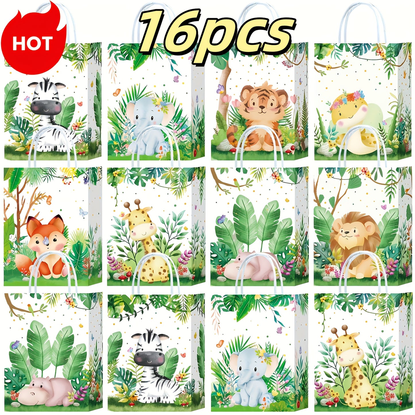 Party Favor Bags Safari Animals Jungle Theme Woodland Print Paper Goodie Bags with Handles for Kids Birthday Party Candy Gift Bags 8 Styles 16 or 32 Pack