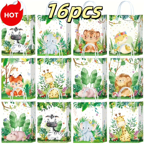 Party Favor Bags Safari Animals Jungle Theme Woodland Print Paper Goodie Bags with Handles for Kids Birthday Party Candy Gift Bags 8 Styles 16 or 32 Pack