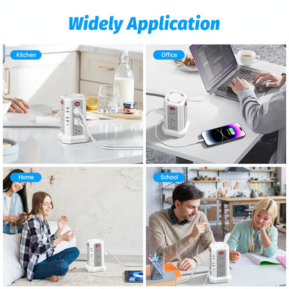 Power Strip Tower Surge Protector 16 AC Outlets 5 USB Ports PD20W USB-C Fast Charging Flat Plug Extension Cord 1500J Overload Protection Desktop Charging Station for Home Office Dorm
