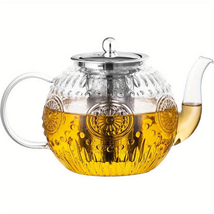 Amzcku 50OZ/1500ml Vintage Glass Teapot with Removable Infuser - Stovetop Safe Borosilicate Tea Kettle, Elegant Floral Design, Durable & Easy-Clean