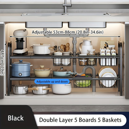 1 Expandable Under Sink Organizer & Locker 2 Tier Cabinet Shelf Organizer with 5 Removable Panels 5 Baskets for Under Kitchen Bathroom Sink Organizer & Storage.Thanksgiving And Christmas Gifts