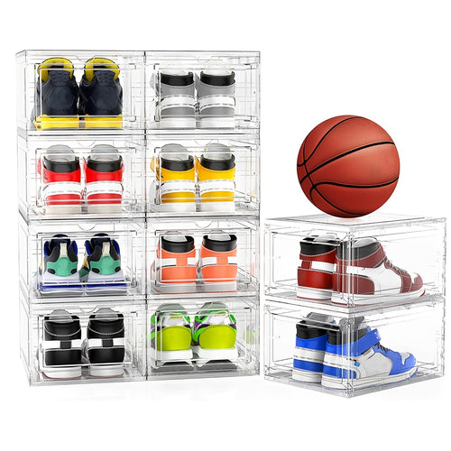 6/12 Pack XX Large Thicken Sturdy Hard Plastic Clear Stackable Shoe Storage Boxes for Size 12, Sneaker Shoe Rack Containers Holders Bins Display Case Organizer for Closet, White