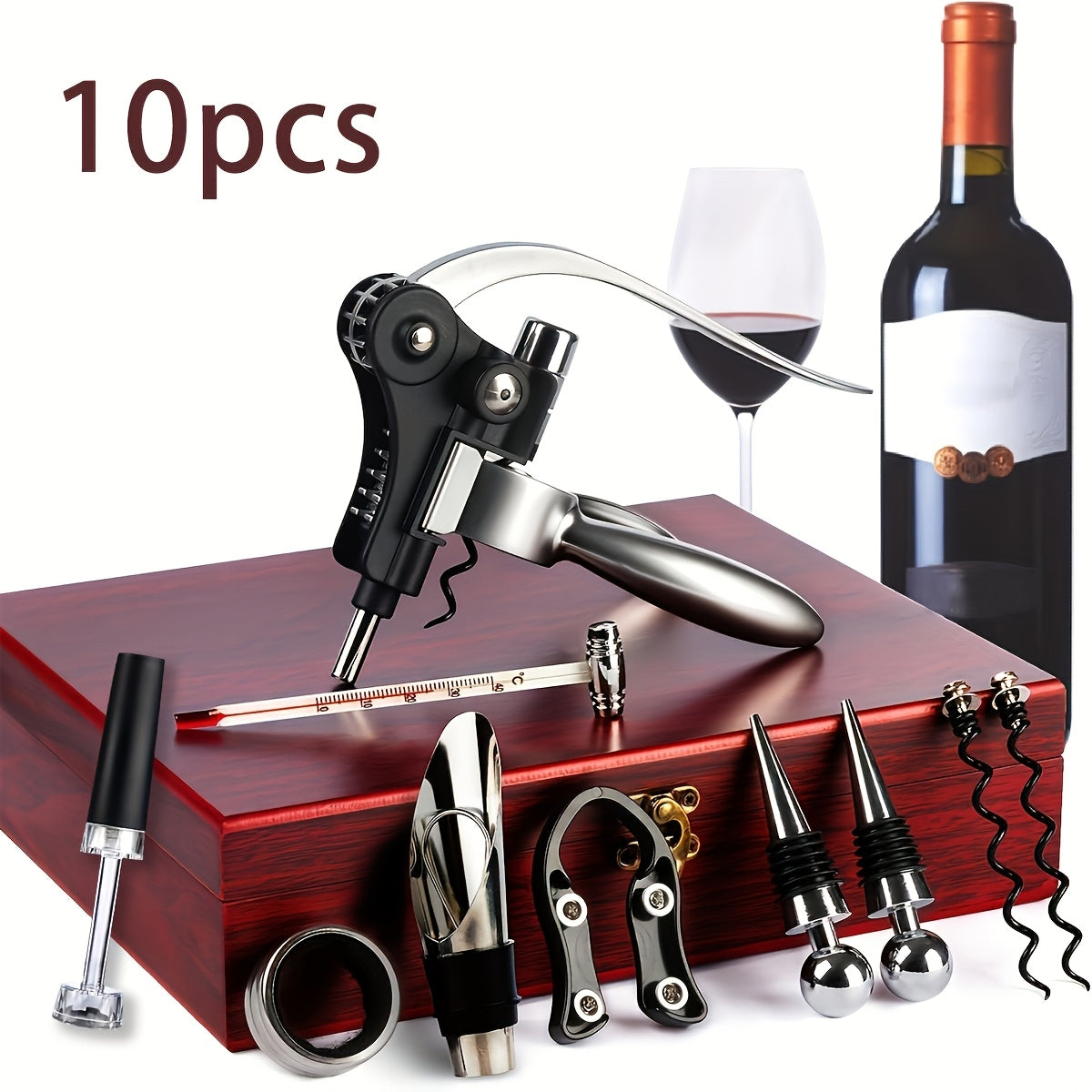 Wildpark Valentine'S Day Gift 10pcs Stainless Steel Wine Opener Kit Bottle Opener Gift Set Beer/Wine Accessories Set Wood Case