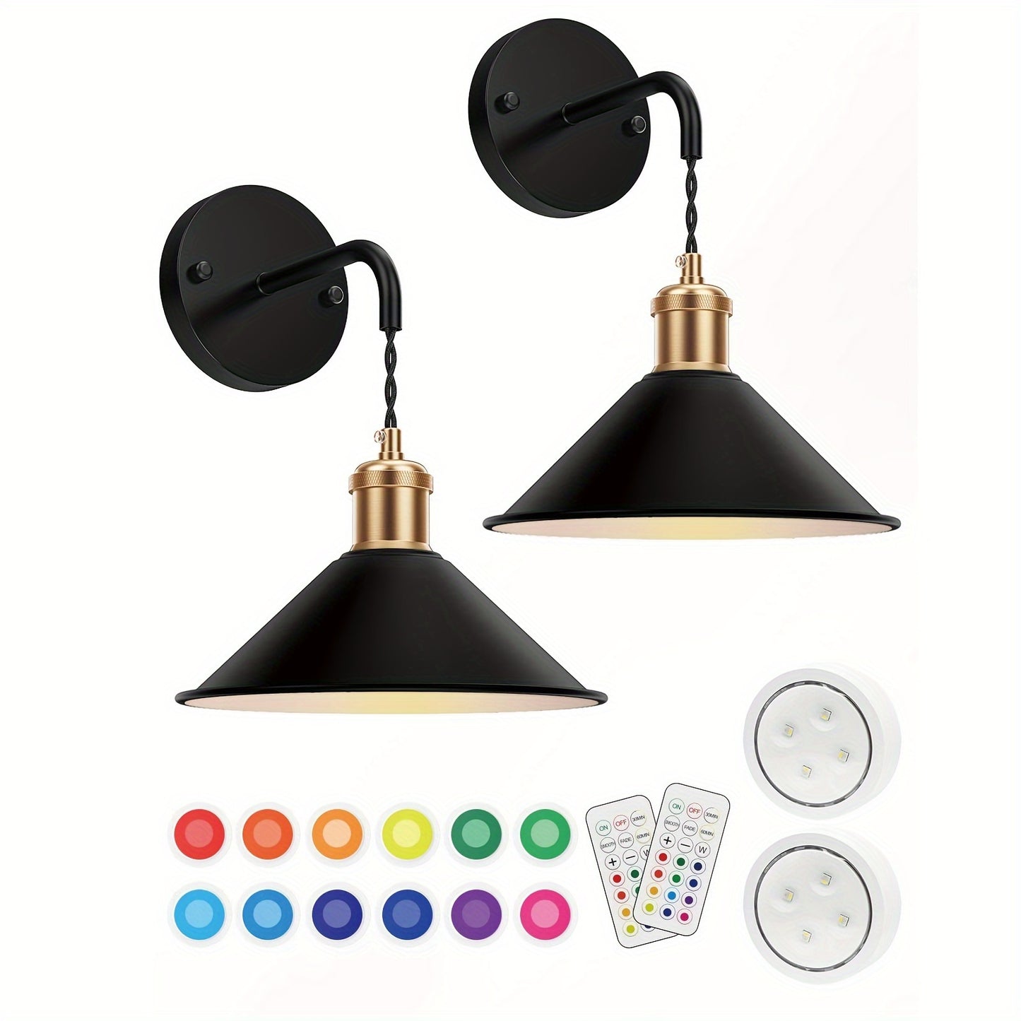 RGB Wireless Wall Lights Set of 2, Battery Operated Wall Sconce Dimmable Wall Lamp with Remote, Memory Function, Timer for Bedroom, Living Room