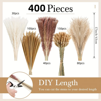 126/400pcs Dried Pampas Grass Decor Natural Pampas Grass Bouquet 17 In Boho Home Wedding Party Decor Easter Basket Stuffers Flower Arrangement Phragmites Dried Flower White Pampas Grass Brown Reed Bunny Tail Mother'S Day Gift