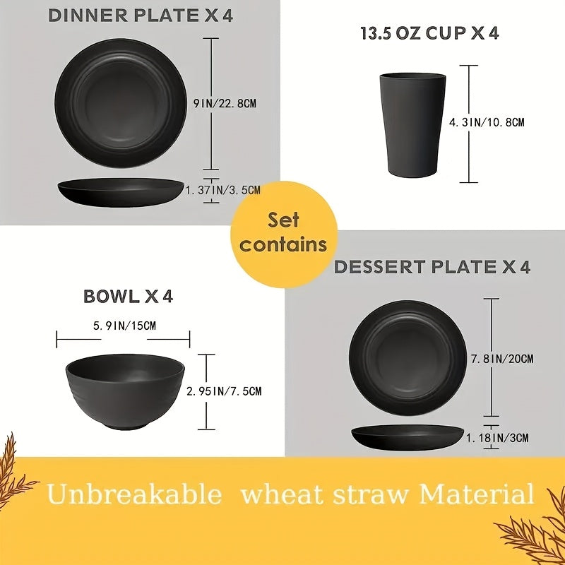 16/32pcs Kitchen Plastic Wheat Straw Dinnerware Set, Service for 8, Dinner Plates, Dessert Plate, Cereal Bowls, Cups, Unbreakable Colorful Plastic Outdoor Camping Dishes