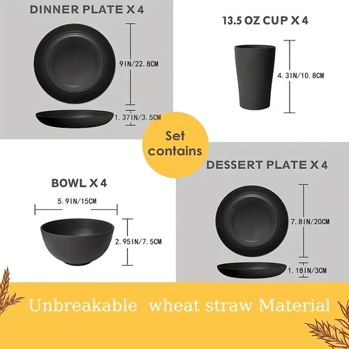 16/32pcs Kitchen Plastic Wheat Straw Dinnerware Set, Service for 8, Dinner Plates, Dessert Plate, Cereal Bowls, Cups, Unbreakable Colorful Plastic Outdoor Camping Dishes