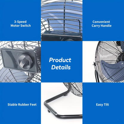 4/9/14/20 Inch High Velocity Industrial Floor Fan, 3-Speed Heavy Duty Metal Cradle Floor Fans with 360° Tilt for Warehouse, Workshop, Garage, Factory And Basement, Black & Blue