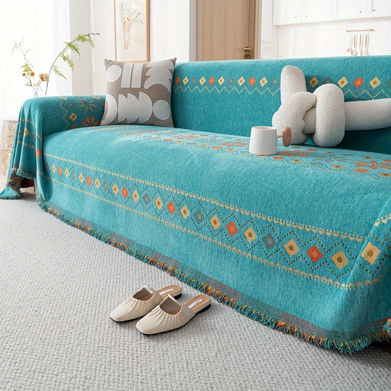 1pc Bohemian Sofa Cover with -Style Embroidery - Chenille Fabric Fit for Single/Double/Triple/Quad Sofas, Sofa Compatible for -Section Couches, Machine Washable (No Padding)
