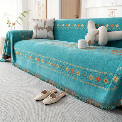 1pc Bohemian Sofa Cover with -Style Embroidery - Chenille Fabric Fit for Single/Double/Triple/Quad Sofas, Sofa Compatible for -Section Couches, Machine Washable (No Padding)