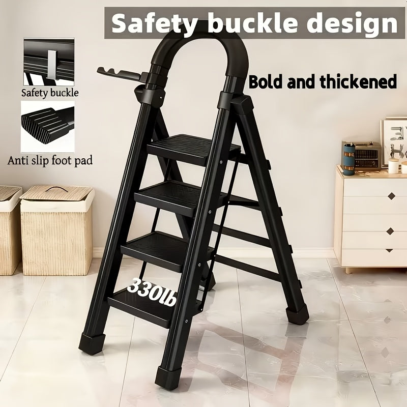 Step Ladder, Folding 2/3/4/5 Step Stool with Wide Anti-Slip Pedal, Sturdy Steel Ladder, Convenient Handrail & Small Storage Slot, Rust-Resistant Material, Lightweight, Portable Step Stool, Suitable for Home, Kitchen, Office Use, Free Gloves&Foot Pad