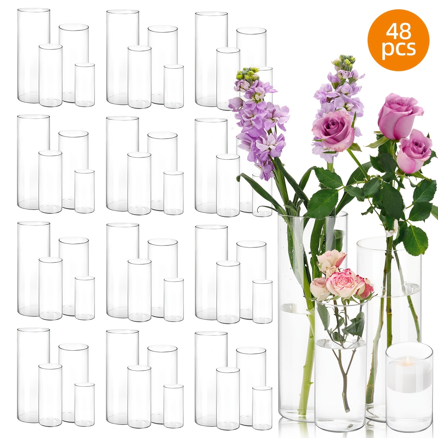 TOMNK 12/24/36/48pcs Clear Glass Candle Holder Cylinder Vases, 4, 6, 8, 10 Inch Tall Cylinder Vases for Candle, Glass Candle Vase, Hurricane Floating Candle Holder Vase for Table Shelf, Party, Wedding, Home Decor