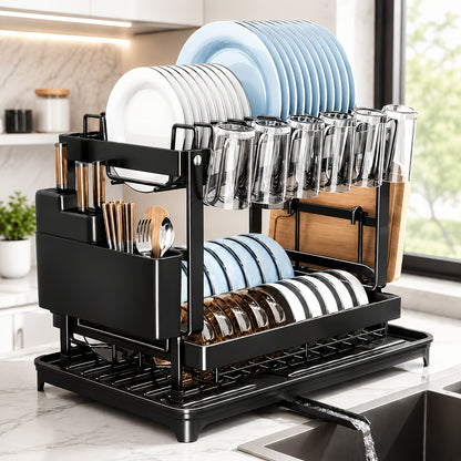 Two-Level Dish Drying Rack for Kitchen Surfaces, Dish Drainer with a Drainboard, Metal Kitchen Dish Holder with Drainage, Two-Tier Kitchen Drying Rack, Black Dish Holders