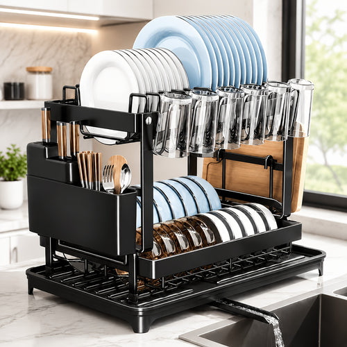 Two-Level Dish Drying Rack for Kitchen Surfaces, Dish Drainer with a Drainboard, Metal Kitchen Dish Holder with Drainage, Two-Tier Kitchen Drying Rack, Black Dish Holders