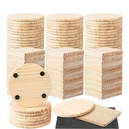 60/30pcs Unfinished Wood Coaster for Crafts, 30/15Square 30/15Round Wooden Coasters for Drinks Coffee Table with Non-Slip Pad Engraving Cup Coasters for Stained Painting Coffee Home Kitchen, 4 Inch