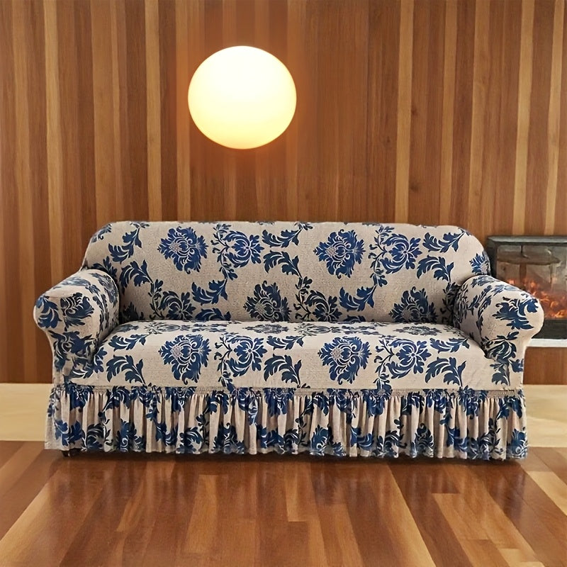 1pc Blue Four Seasons Versatile Fiber Sofa Covers. Exquisite Printed Skirt Design, High Elasticity Material, Fits Snugly Onto The Sofa, Paired with Anti-Slip Fixing Rods to Stabilize And Prevent Movement, Keeping The Sofa Neat And Beautiful