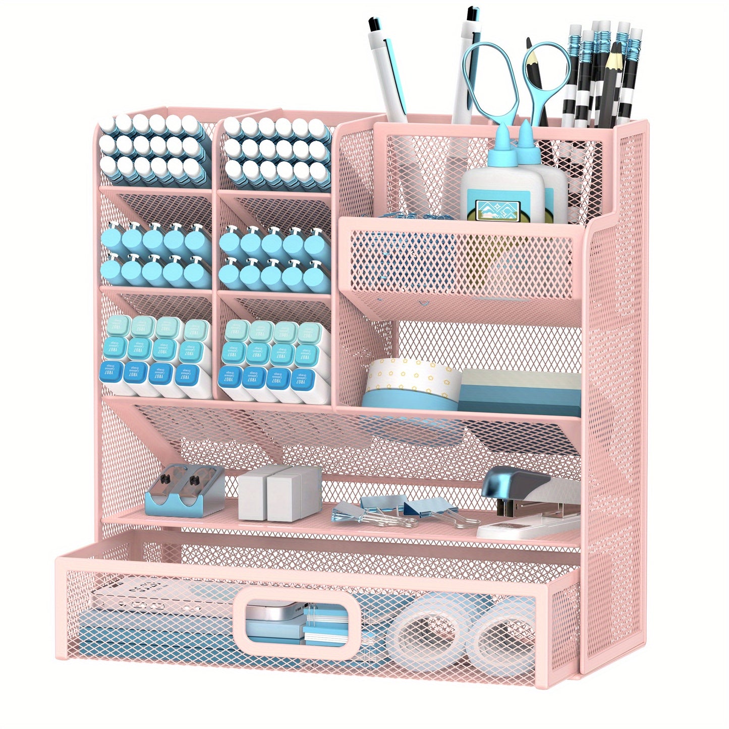 SUPEASY Desk Organizer With Drawer, Multifunctional Mesh Desk Pen Organizer, Desk Organizer With Pen Holder And Accessories For Office And Art Supplies