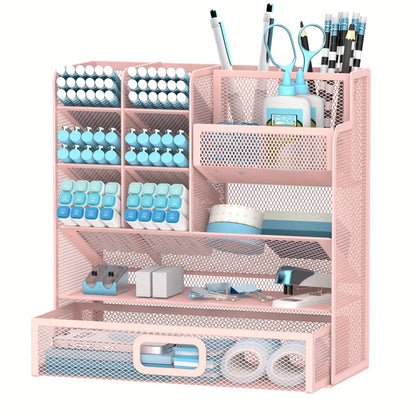 SUPEASY Desk Organizer With Drawer, Multifunctional Mesh Desk Pen Organizer, Desk Organizer With Pen Holder And Accessories For Office And Art Supplies