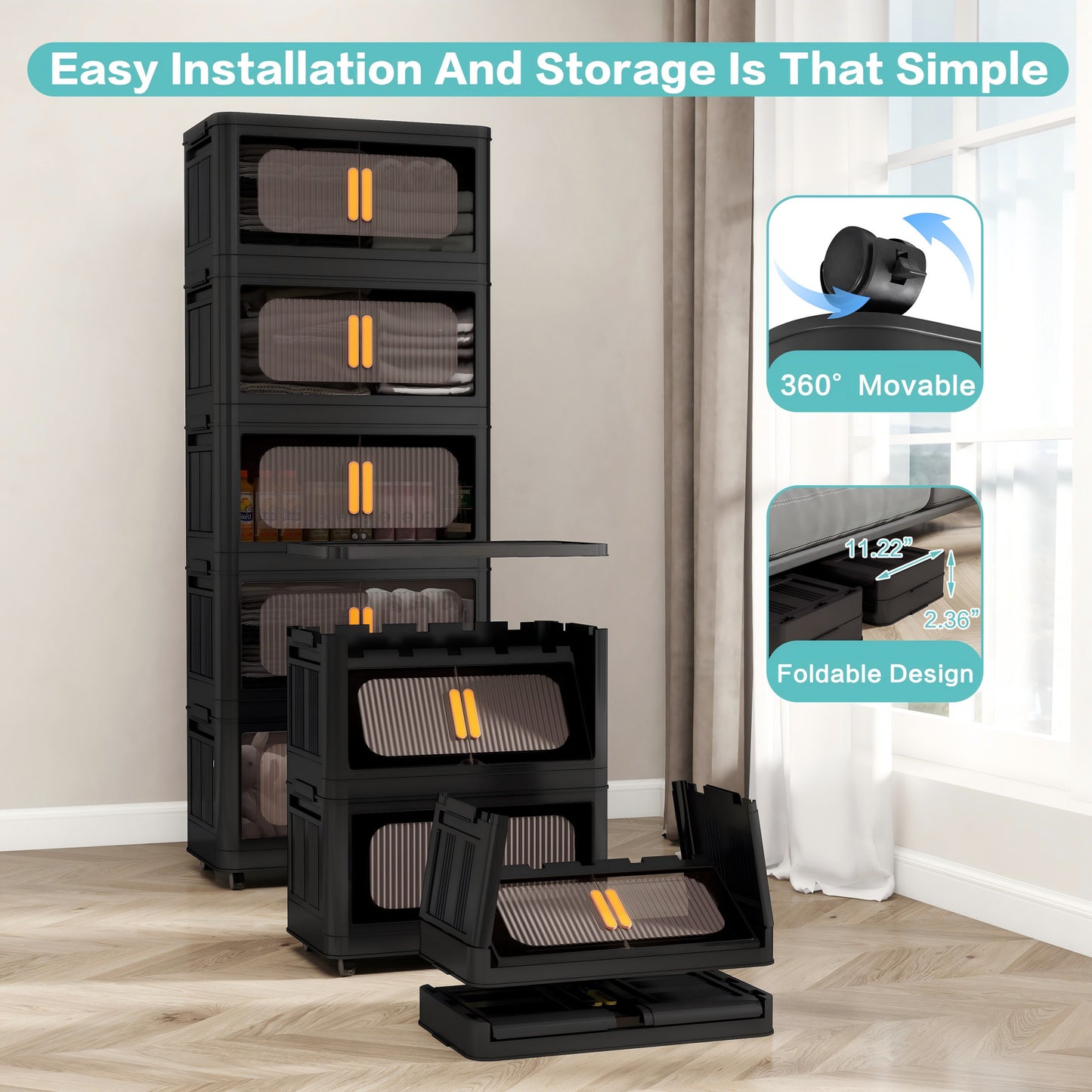 4/5 Tier Large Double Door Storage Locker & Bin, Collapsible Stackable Sturdy Space-Saving Plastic Organizer with 360° Rotatable Lockable Wheels - All-Purpose Organizer for Dorm, Office, Closet, Living Room, Gym, School, Garage, Bedroom, Basement