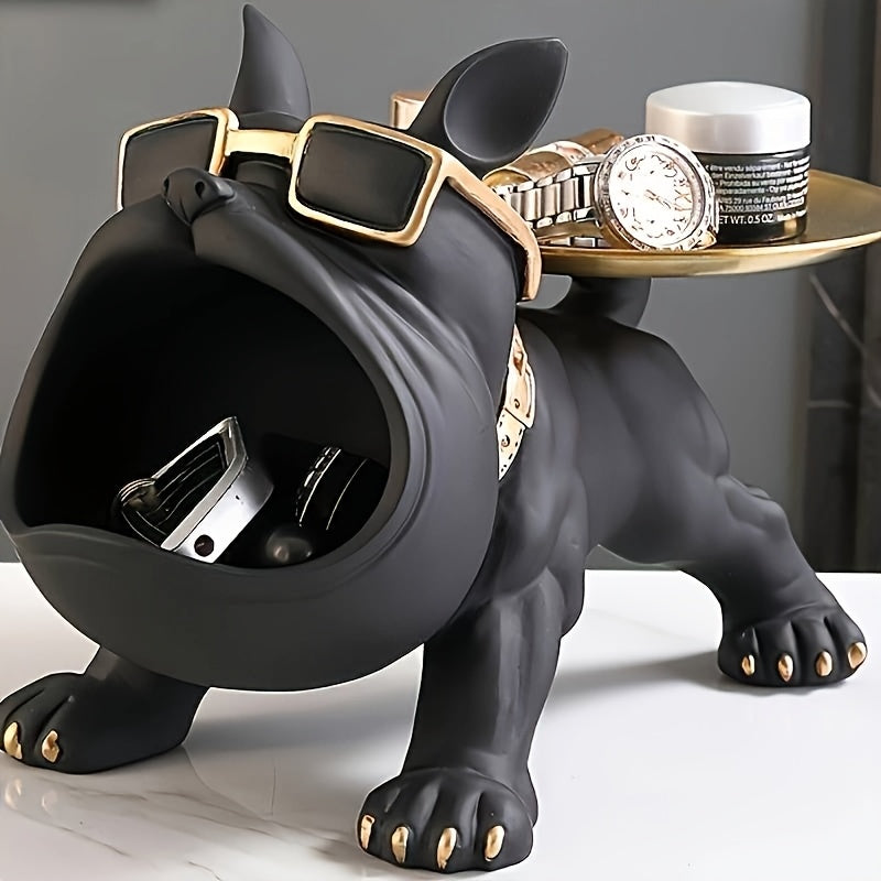 Resin Pug Bulldog Decorative Tray Statue | Dog Tray Organizer for Keys Jewelry Candy Earrings | Modern Art Home Decor Sculpture for Entryway Desk Office Dining Table | Unique Dog Lover Gift