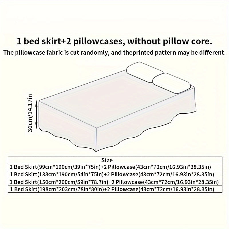 3pcs Double Layer Ruffle Bed Skirt Style Cool Mat Three Piece Set with Pillowcase Washable High Weight 360° Full Wrap