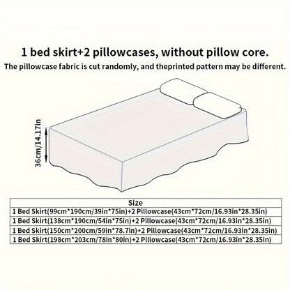 3pcs Double Layer Ruffle Bed Skirt Style Cool Mat Three Piece Set with Pillowcase Washable High Weight 360° Full Wrap